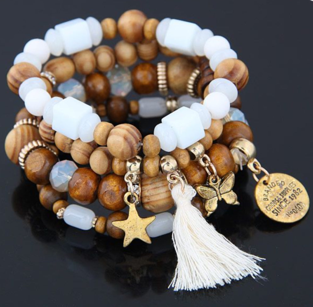 *White/Brown Beaded Stack Bracelet - B59